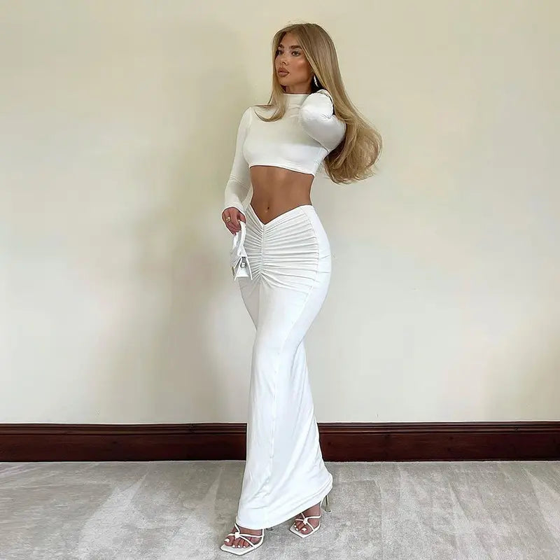 White Co-ord with V-Waist Ruched Skirt
